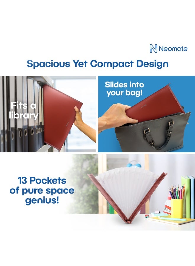 Neomate 13-Pocket Expanding File Folder with Sticky Labels | A4/Letter Size Accordion Organizer with Zipper Closure | Certificate and Document Storage for Home, School, Office (Brown) - Image 3